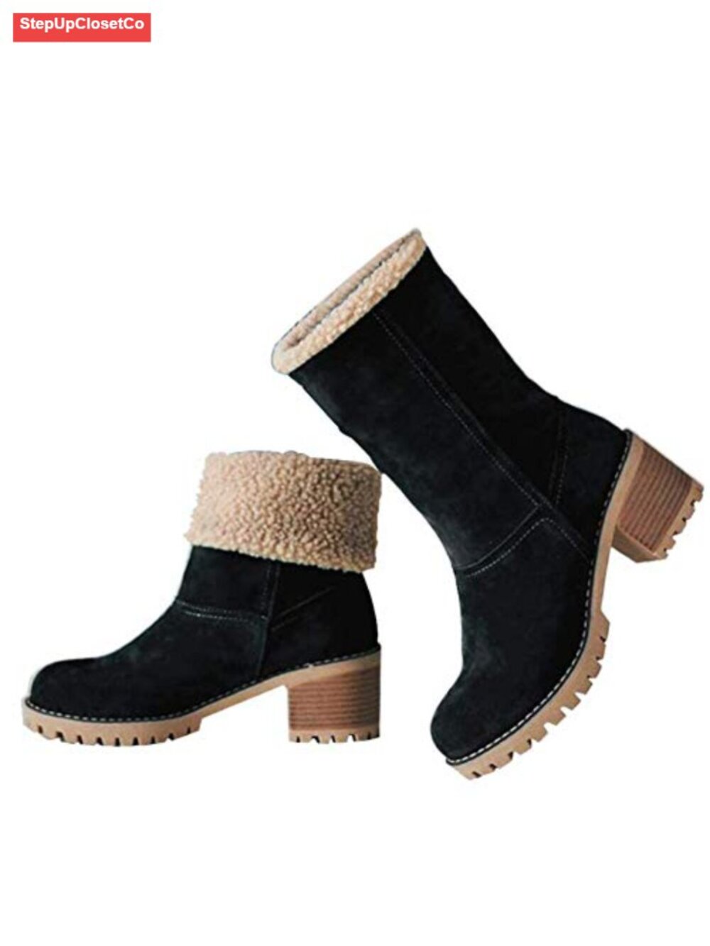 Mid-Calf Snow Boots Faux Suede Faux Fur Lined Block Heel Slip On